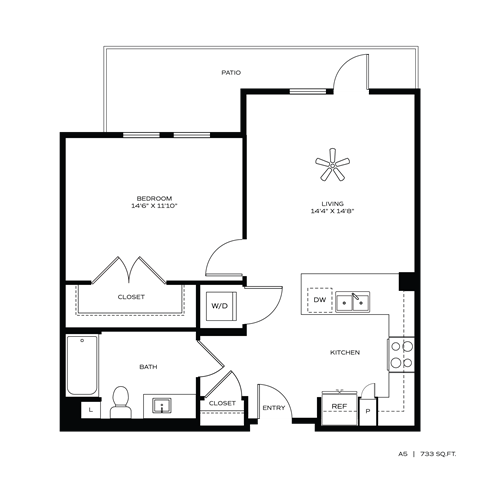 Floor plan for 1 bed, 1 bath, 768 sqft